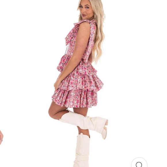 NWOT preppy Pink floral mini dress with corset details and tiered ruffles med - Picture 7 of 8